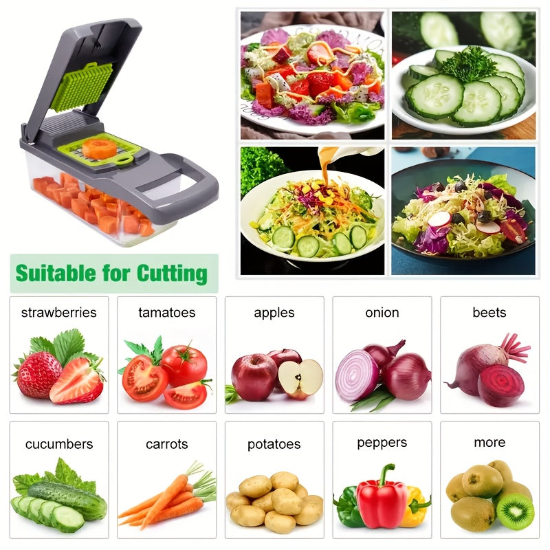 Um conjunto de ferramentas de cozinha multifuncional de 16 peças, incluindo um picador manual de legumes, cortador de frutas, ralador de alimentos, picador de cebola e espremedor de batatas, vem com recipientes, tornando-o perfeito para churrascos e cozin